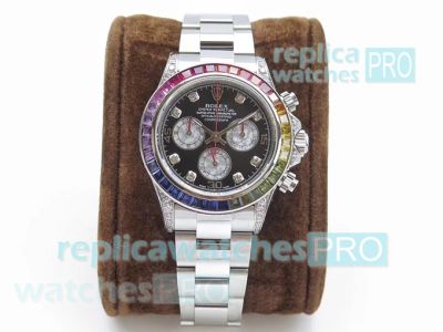 Swiss 7750 Replica Rolex Rainbow Daytona Mens Watch SS Diamond